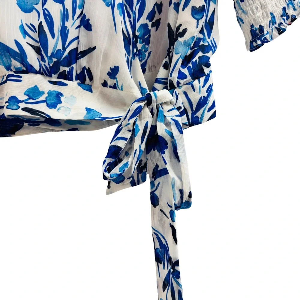 Banana Republic Blue White Floral Wrap Top Petite S Puff Sleeve Smocked V-Neck